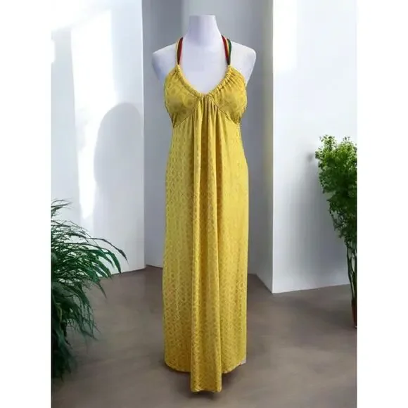 COOGI Yellow Logo Print Maxi Babydoll Dress Beach Coverup Built-In Bra – Size S - Picture 7 of 8